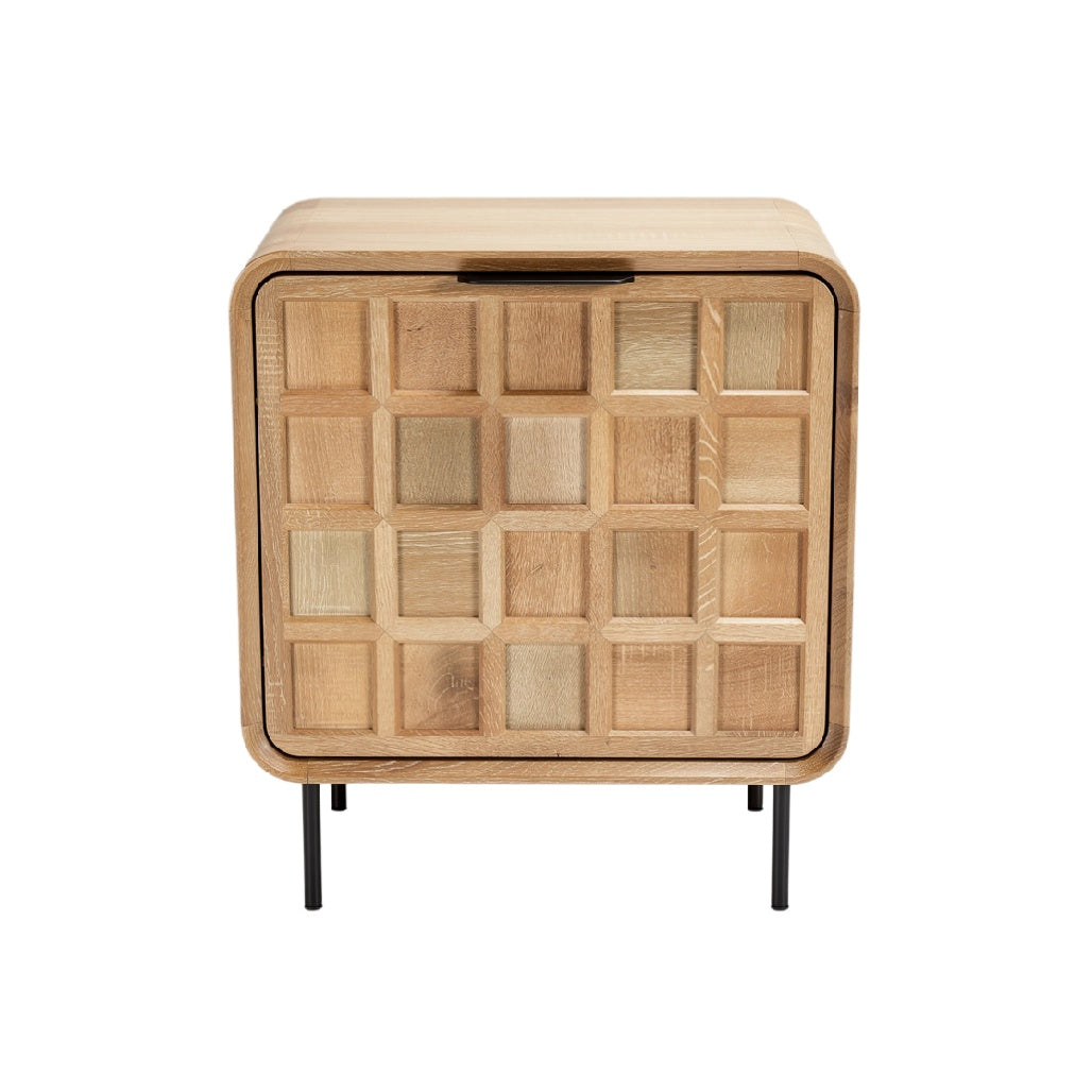 Modern Wooden Nightstand with Textured Grid Design and Minimalist Metal Legs